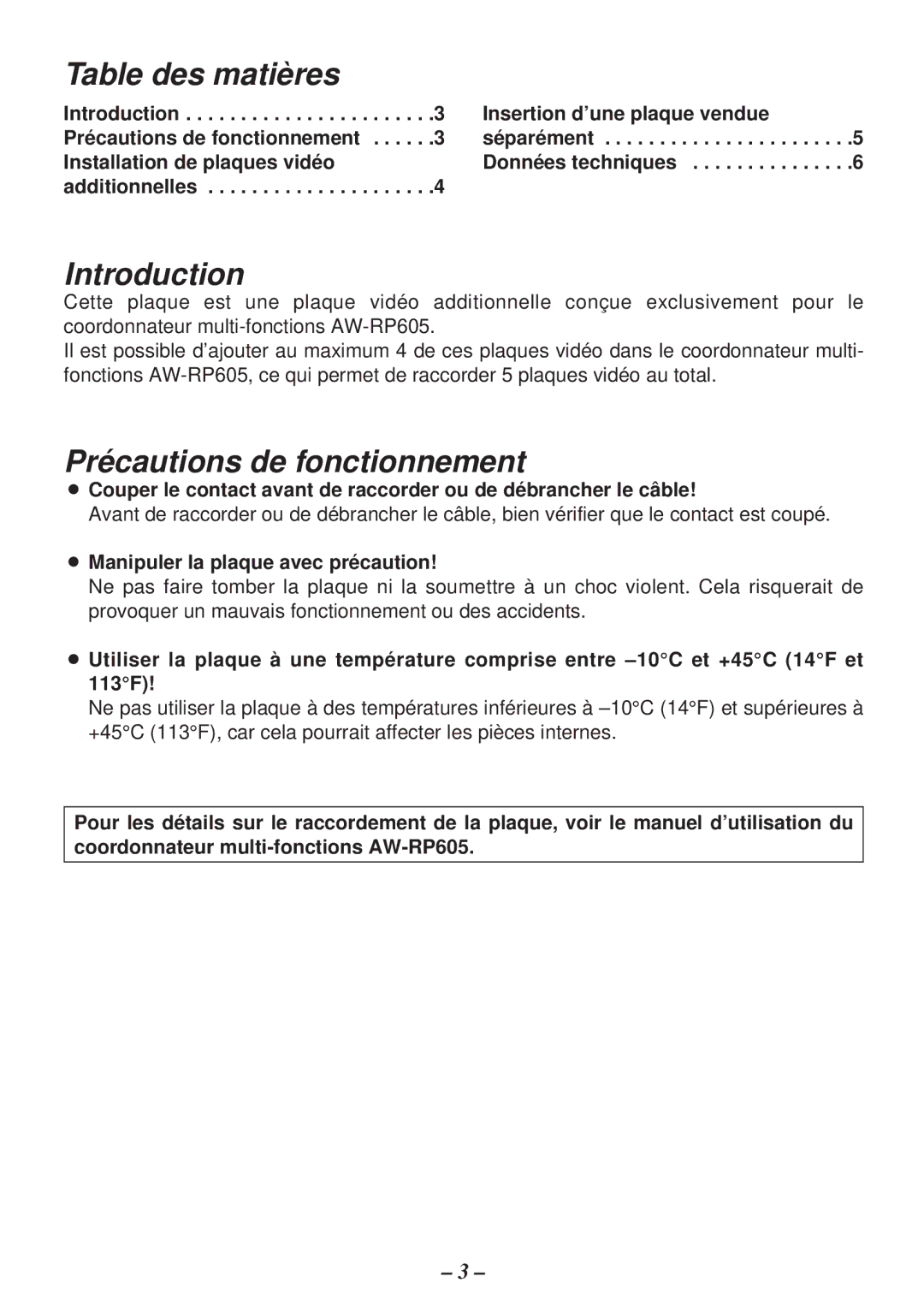 Panasonic AW-PB605P manual Table des matières, Précautions de fonctionnement, Manipuler la plaque avec précaution 