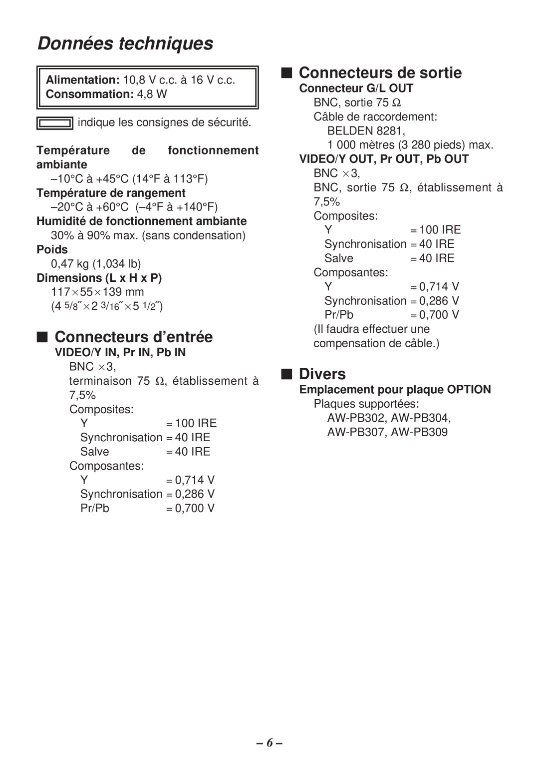 Panasonic AW-PB605P manual Données techniques 