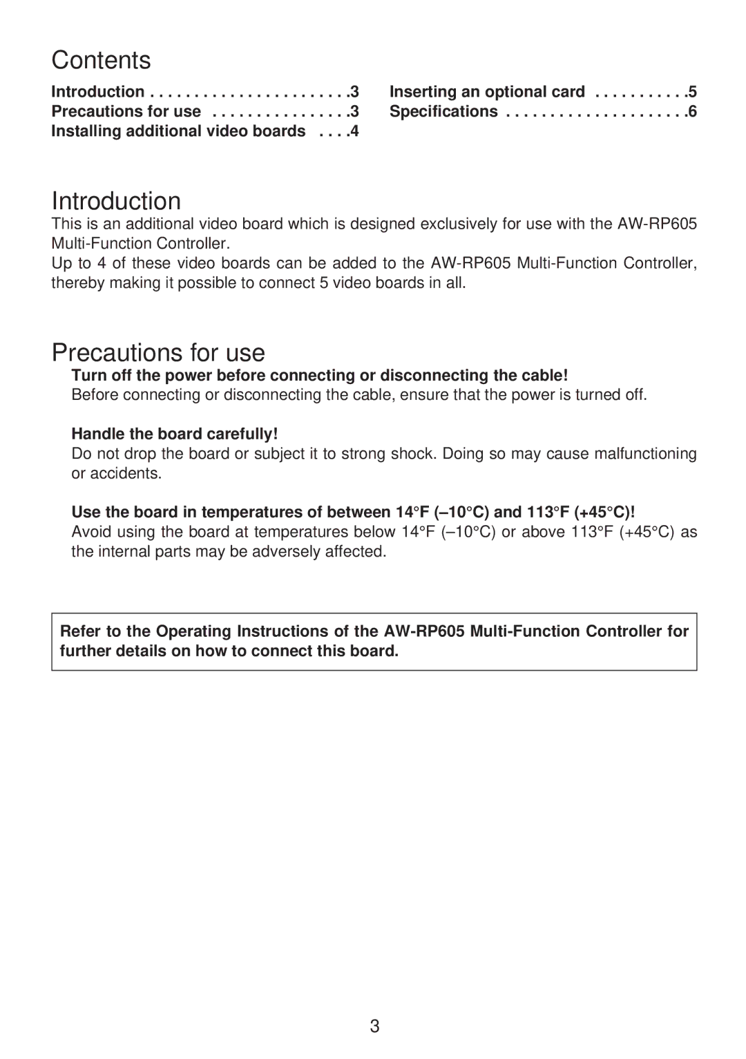 Panasonic AW-PB605P manual Contents, Introduction, Precautions for use 