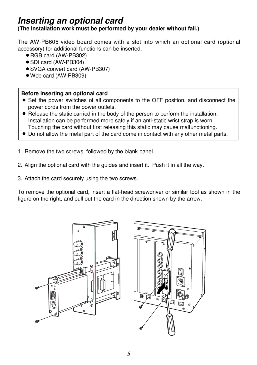 Panasonic AW-PB605P manual Inserting an optional card, Before inserting an optional card 