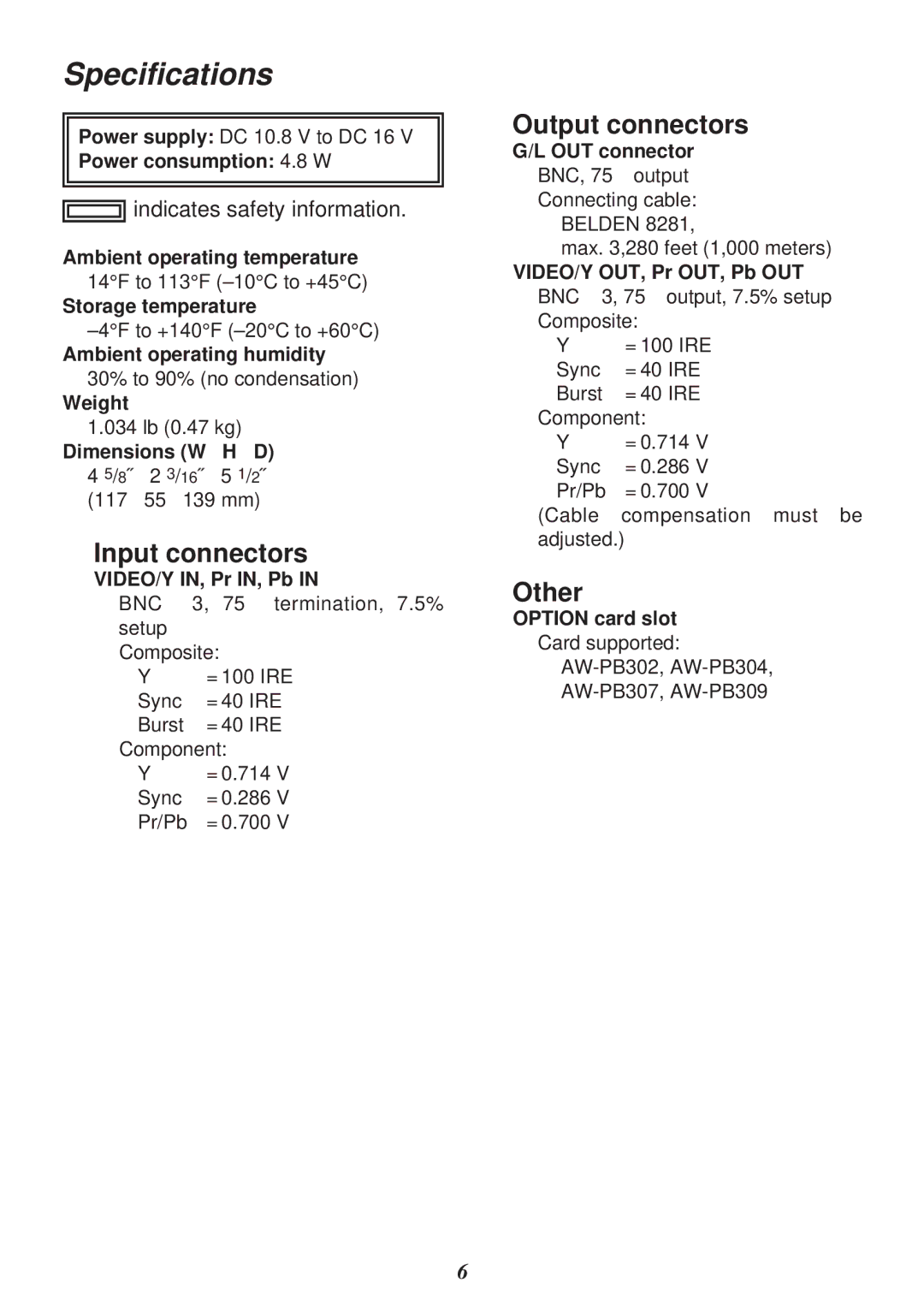 Panasonic AW-PB605P manual Specifications 