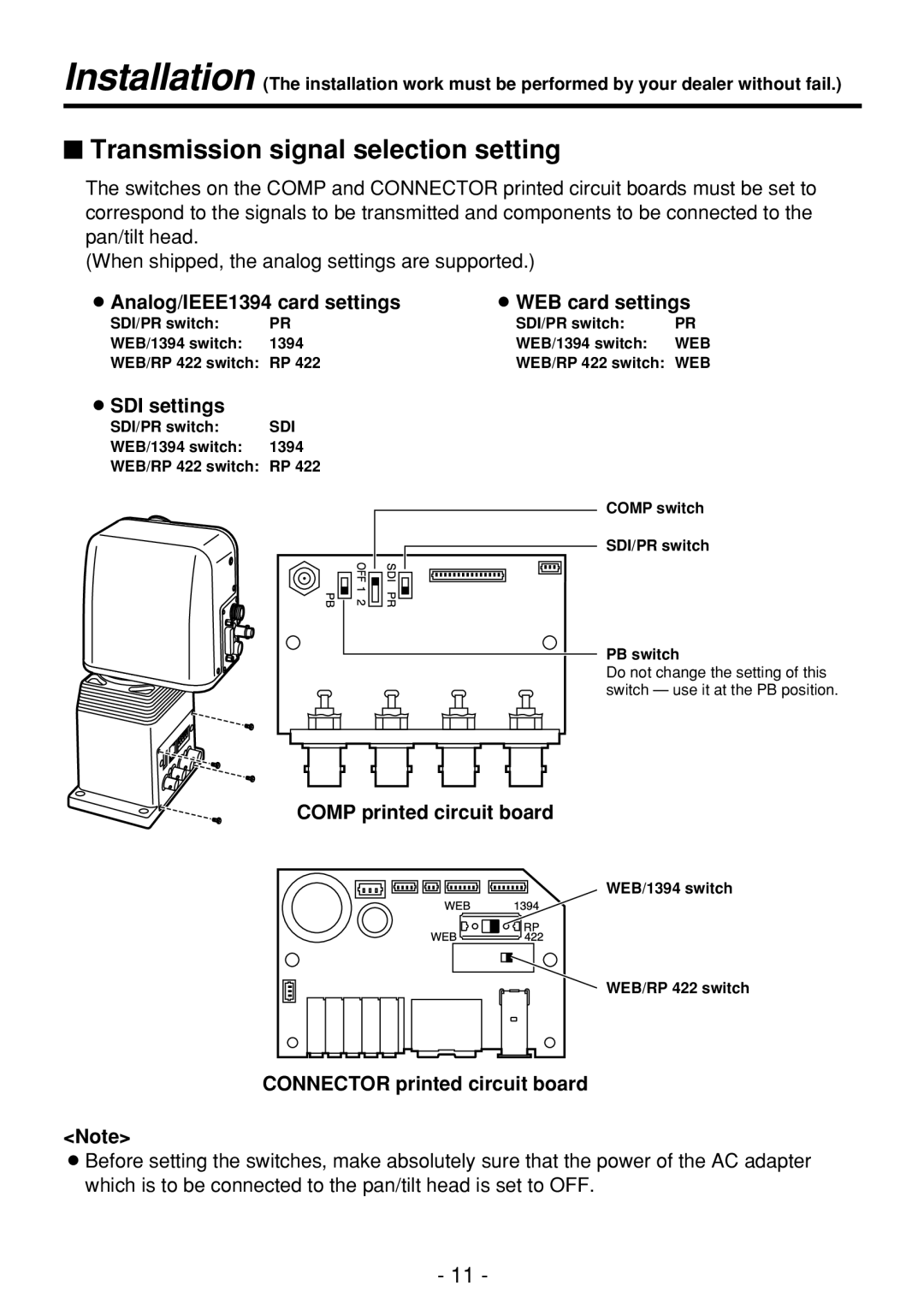 Panasonic AW-PH360N manual $ Transmission signal selection setting, OAnalog/IEEE1394 card settings Oweb card settings 