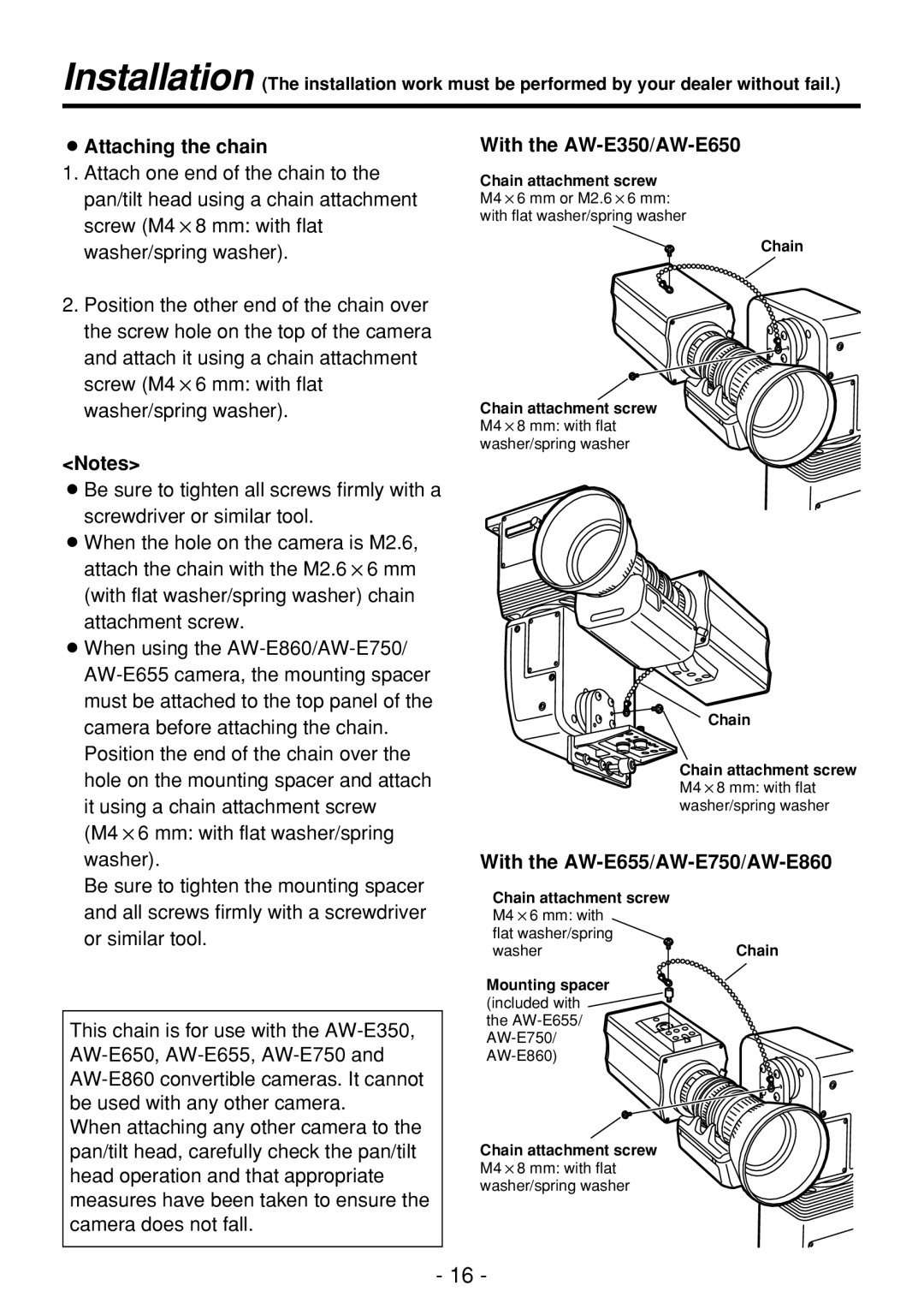 Panasonic AW-PH360N manual OAttaching the chain, With the AW-E350/AW-E650, With the AW-E655/AW-E750/AW-E860 