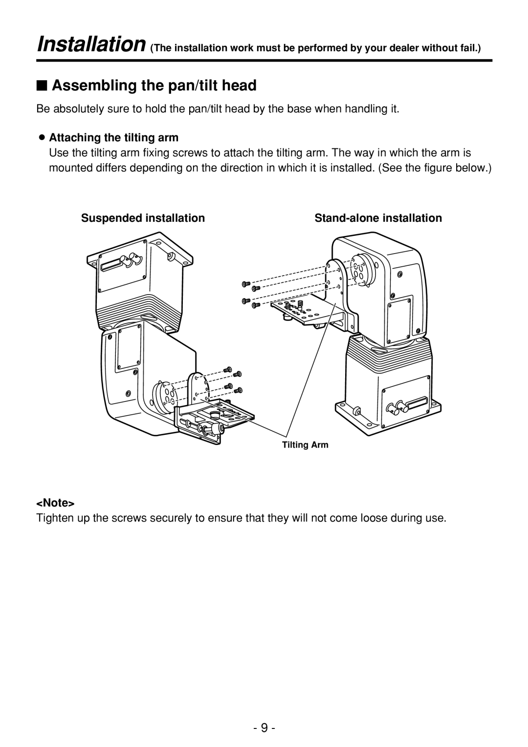 Panasonic AW-PH360N manual $ Assembling the pan/tilt head, OAttaching the tilting arm 