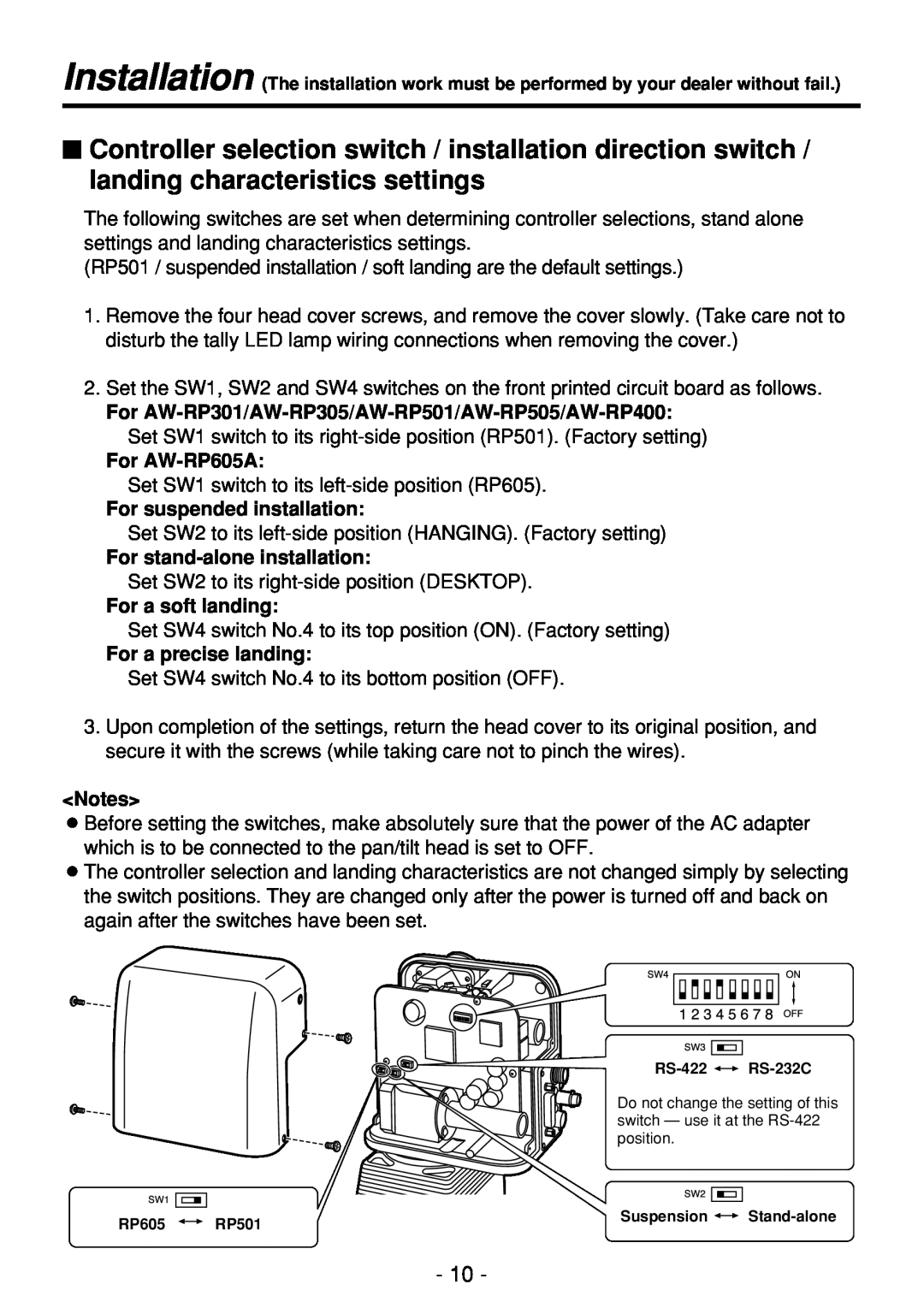 Panasonic AW-PH360N manual For AW-RP605A, For suspended installation, For stand-alone installation, For a soft landing 