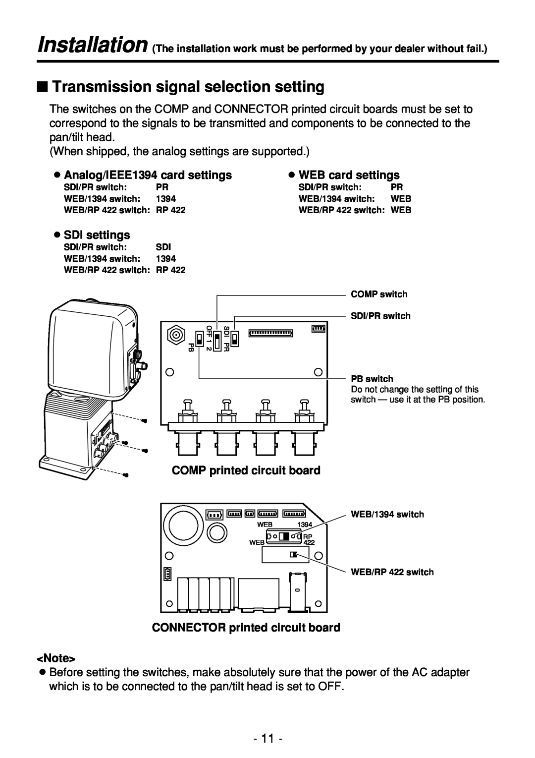 Panasonic AW-PH360N manual $ Transmission signal selection setting, OAnalog/IEEE1394 card settings, OWEB card settings 