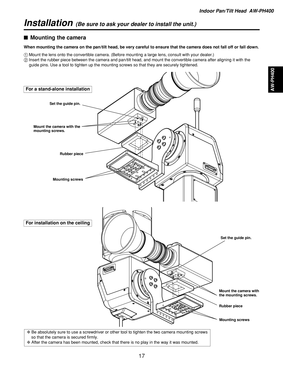 Panasonic AW-RL400, AW-PH400, AW-RC400, AW-RP400 manual $ Mounting the camera, For a stand-alone installation 