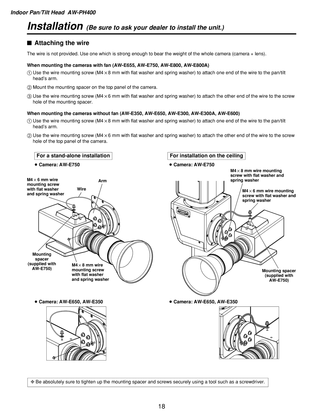 Panasonic AW-RC400, AW-PH400, AW-RL400, AW-RP400 manual $ Attaching the wire, ≥ Camera AW-E750, ≥ Camera AW-E650, AW-E350 