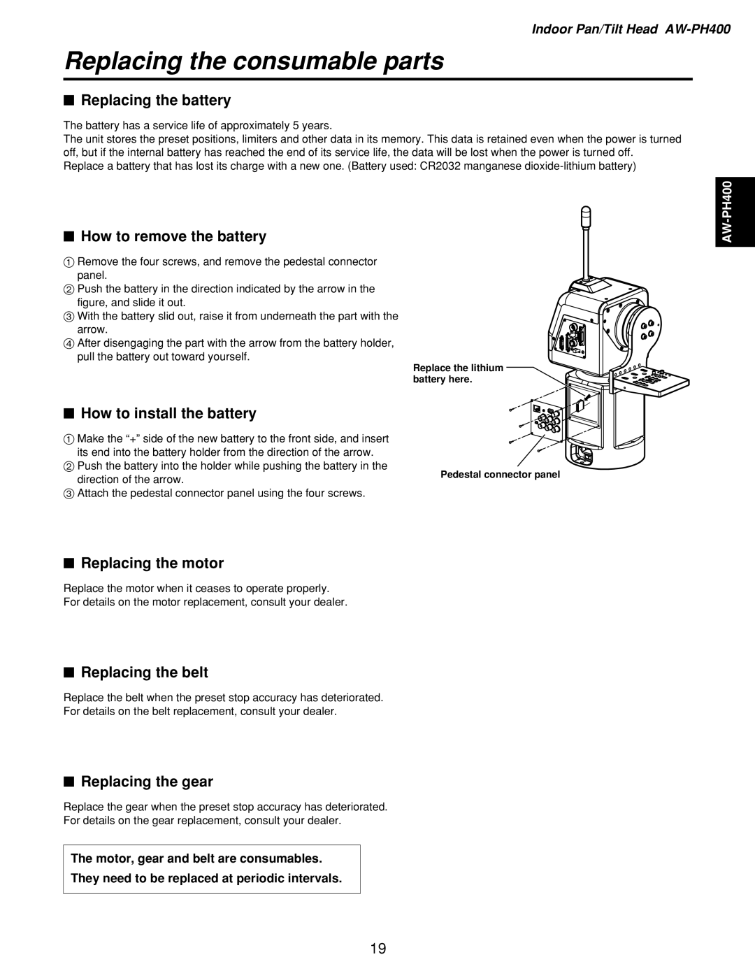 Panasonic AW-RP400, AW-PH400, AW-RL400, AW-RC400 manual Replacing the consumable parts 