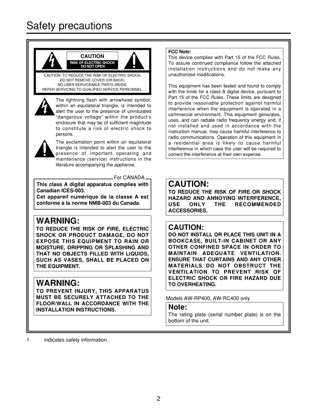 Panasonic AW-RC400, AW-PH400, AW-RL400, AW-RP400 manual Safety precautions, FCC Note 