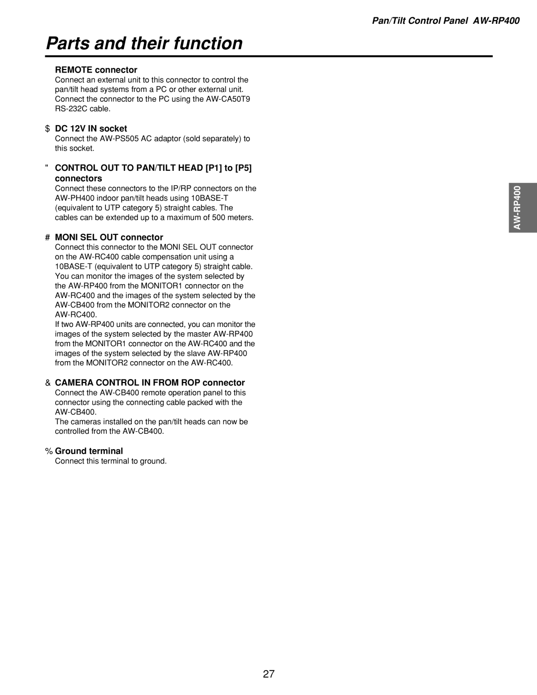 Panasonic AW-RP400 Remote connector, DC 12V in socket, Control OUT to PAN/TILT Head P1 to P5 connectors, Ground terminal 