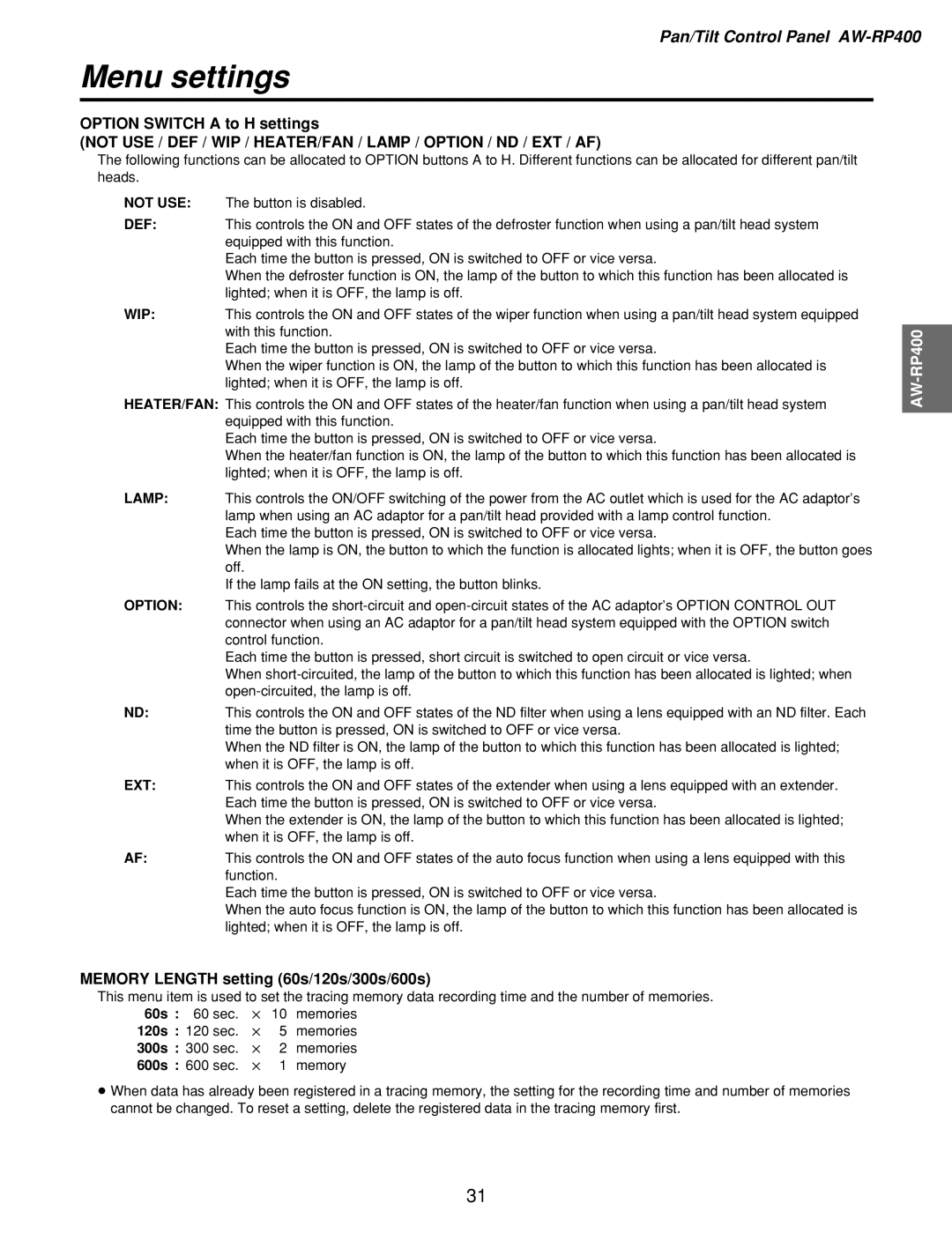 Panasonic AW-RP400, AW-PH400, AW-RL400, AW-RC400 Option Switch a to H settings, Memory Length setting 60s/120s/300s/600s 