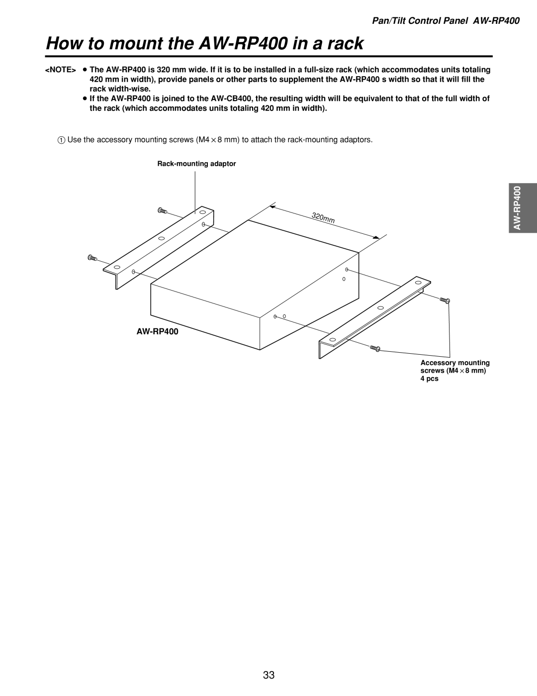 Panasonic AW-RL400, AW-PH400, AW-RC400 manual How to mount the AW-RP400 in a rack 