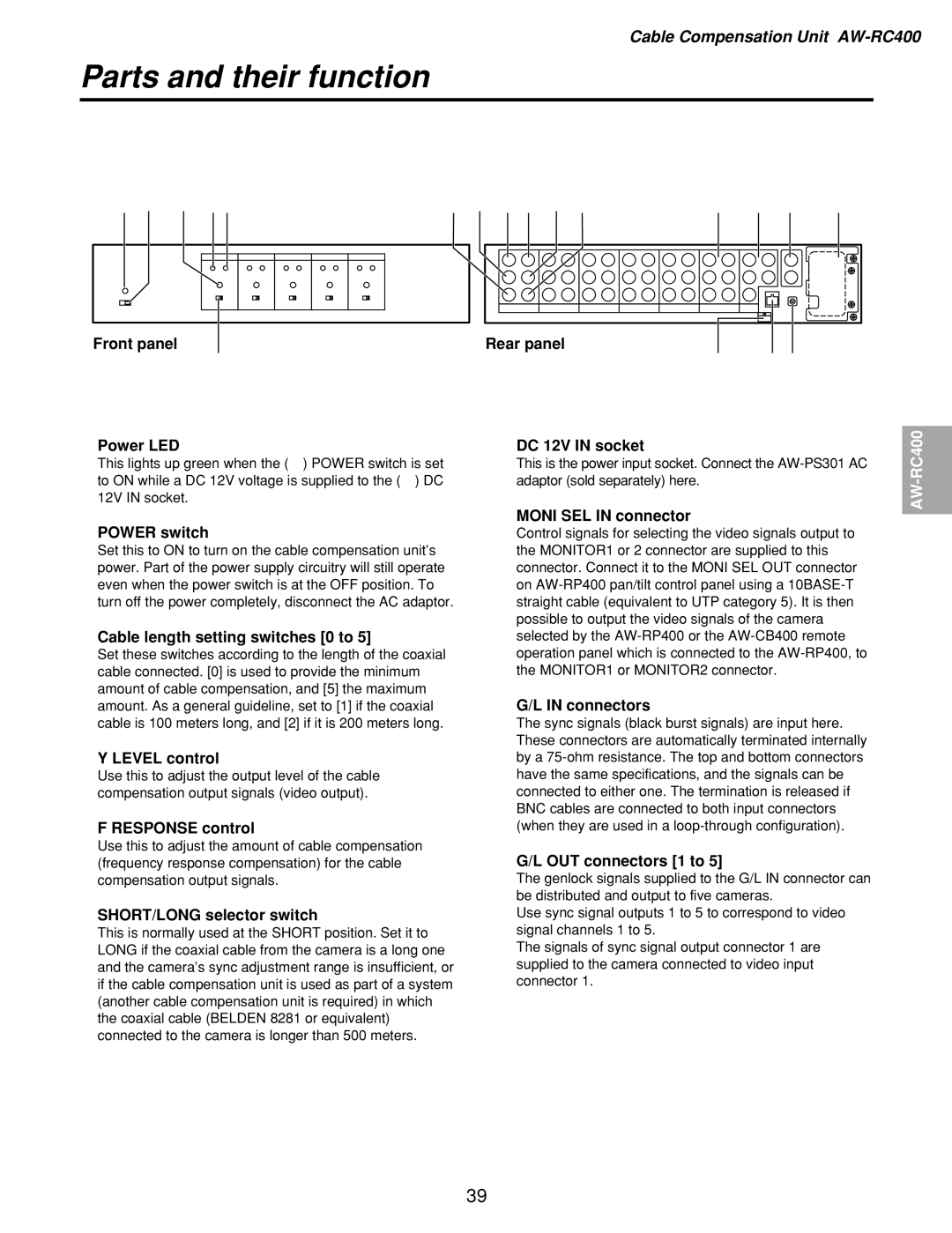 Panasonic AW-RP400, AW-PH400 Front panel Power LED, Power switch, Cable length setting switches 0 to, Response control 