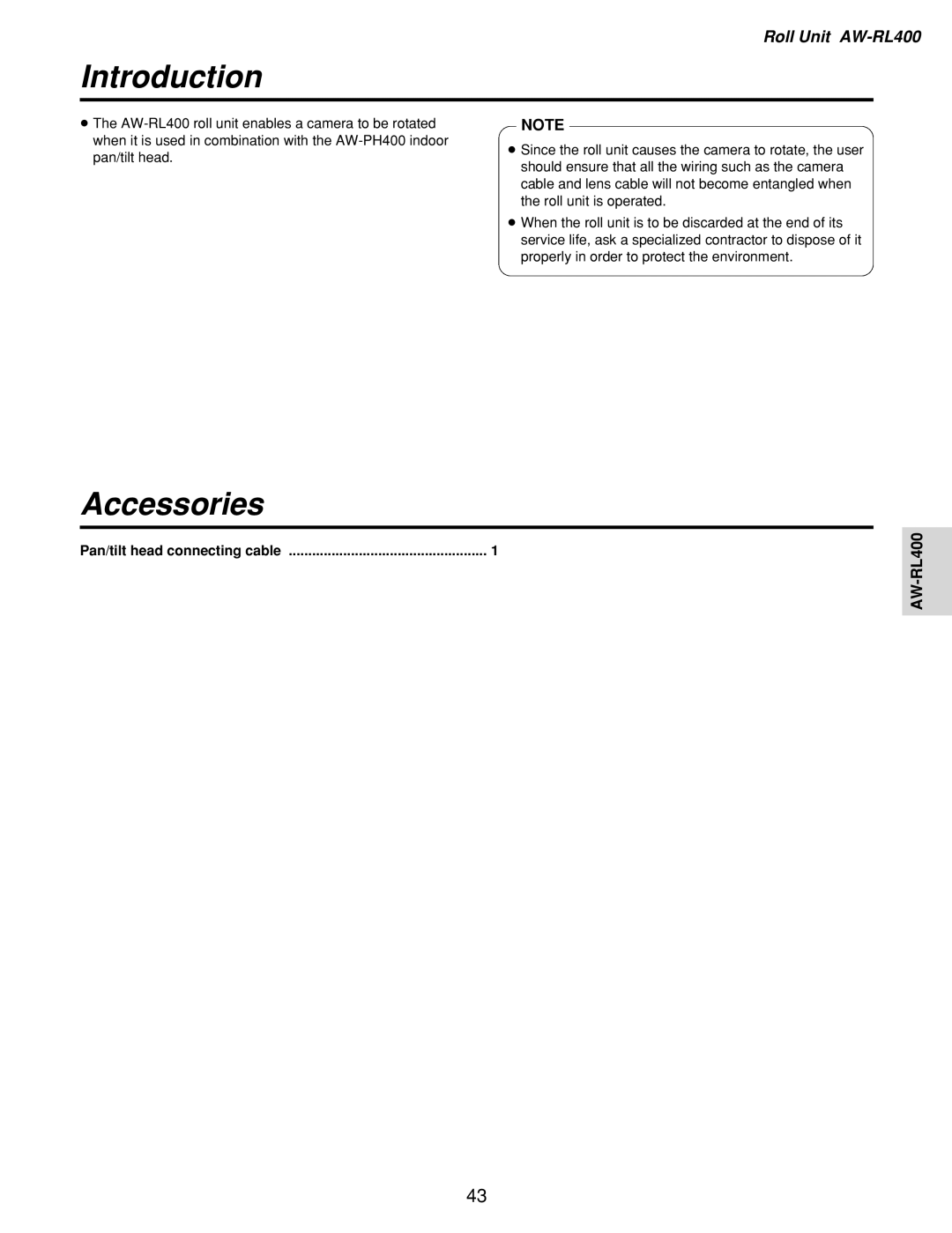 Panasonic AW-RP400, AW-PH400, AW-RL400, AW-RC400 manual Accessories, Pan/tilt head connecting cable 