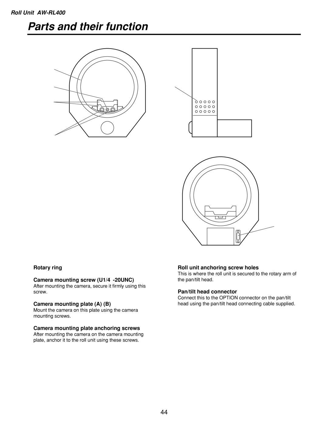 Panasonic AW-PH400 manual Rotary ring Camera mounting screw U1/4-20UNC, Camera mounting plate a B, Pan/tilt head connector 