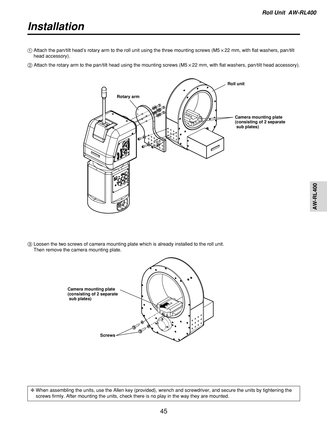 Panasonic AW-RL400, AW-PH400, AW-RC400, AW-RP400 manual Installation 