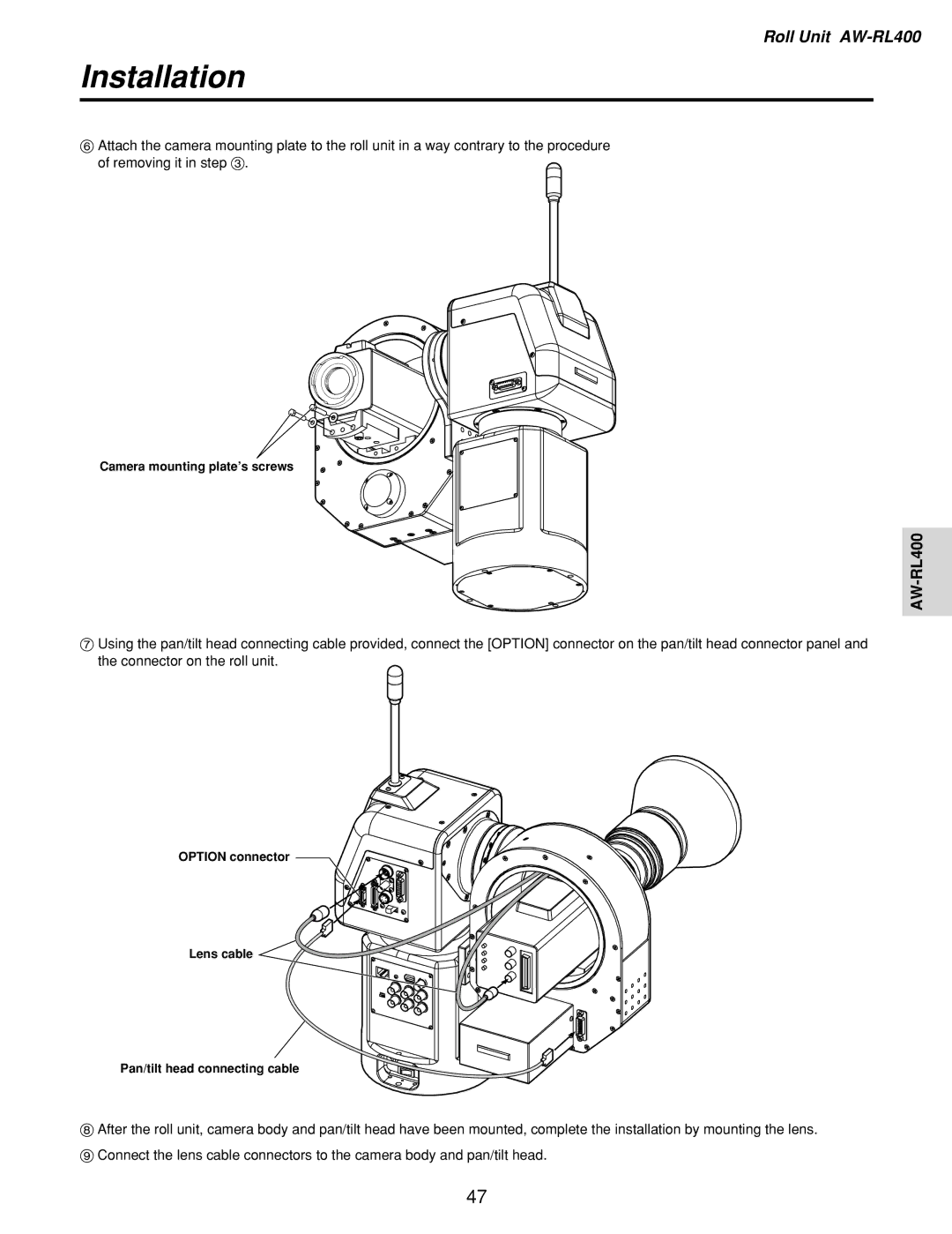 Panasonic AW-RP400, AW-PH400, AW-RL400, AW-RC400 manual Camera mounting plate’s screws 