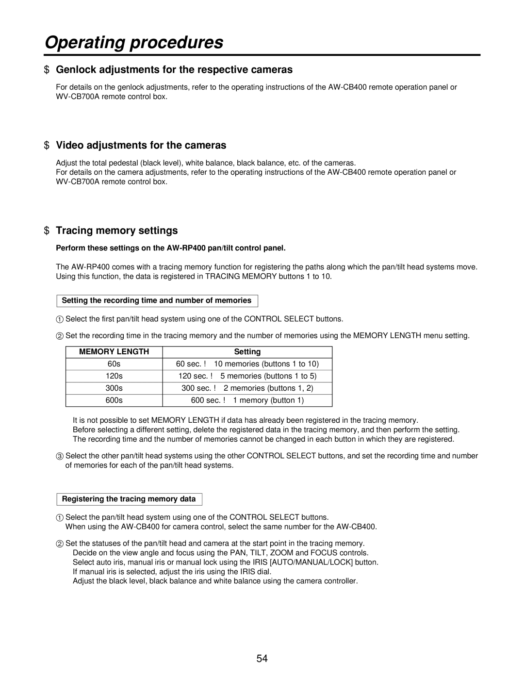 Panasonic AW-RC400, AW-PH400 manual $ Genlock adjustments for the respective cameras, $ Video adjustments for the cameras 