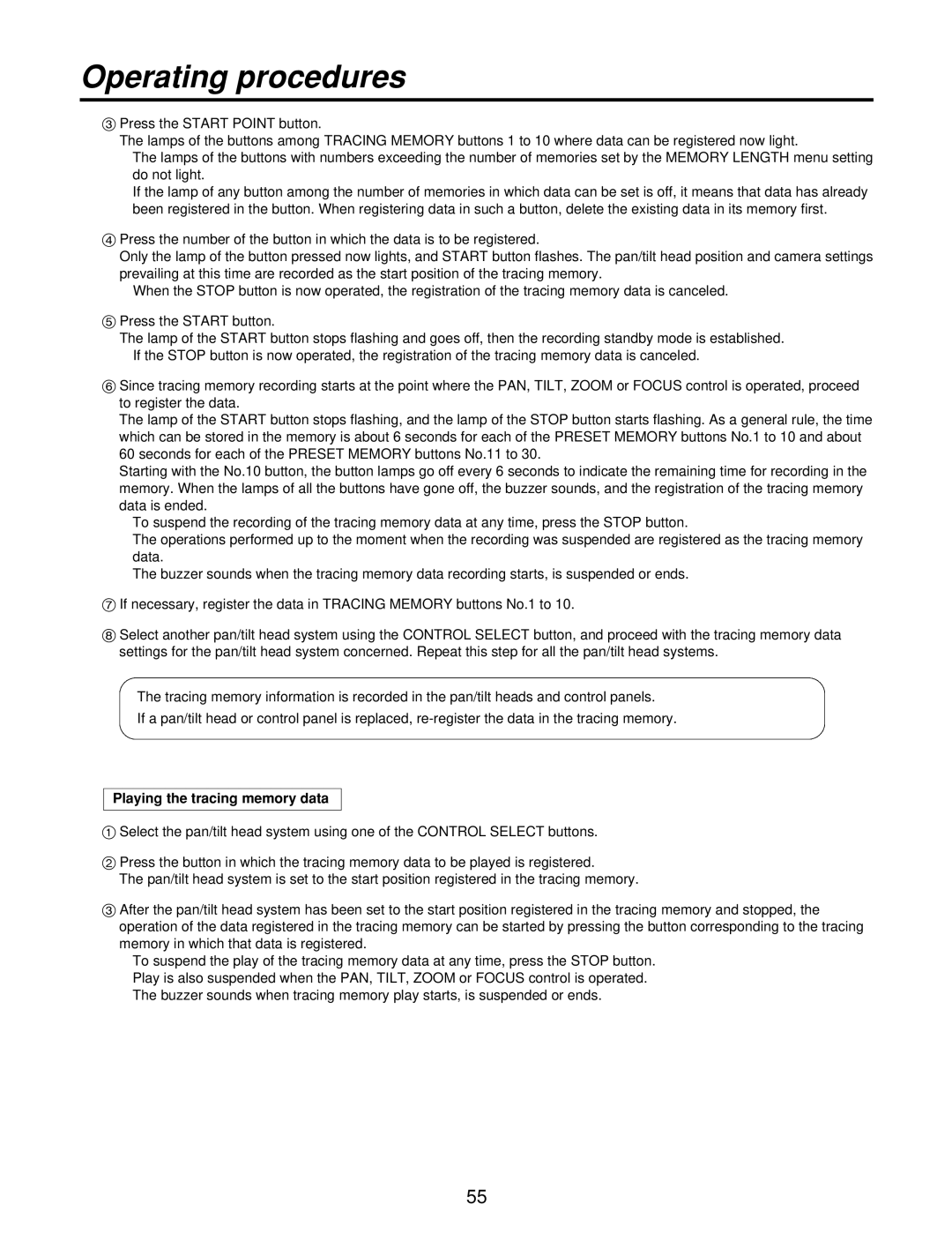 Panasonic AW-RP400, AW-PH400, AW-RL400, AW-RC400 manual Playing the tracing memory data 