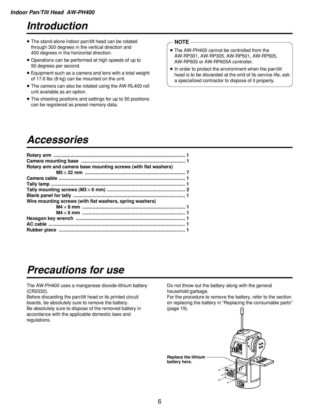 Panasonic AW-RC400, AW-PH400, AW-RL400, AW-RP400 manual Introduction, Accessories, Precautions for use 