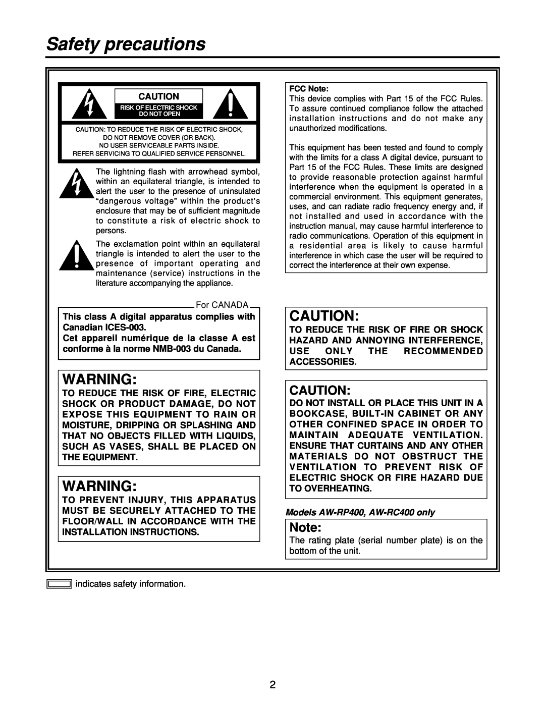 Panasonic AW-RC400, AW-PH400, AW-RL400 Safety precautions, This class A digital apparatus complies with Canadian ICES-003 