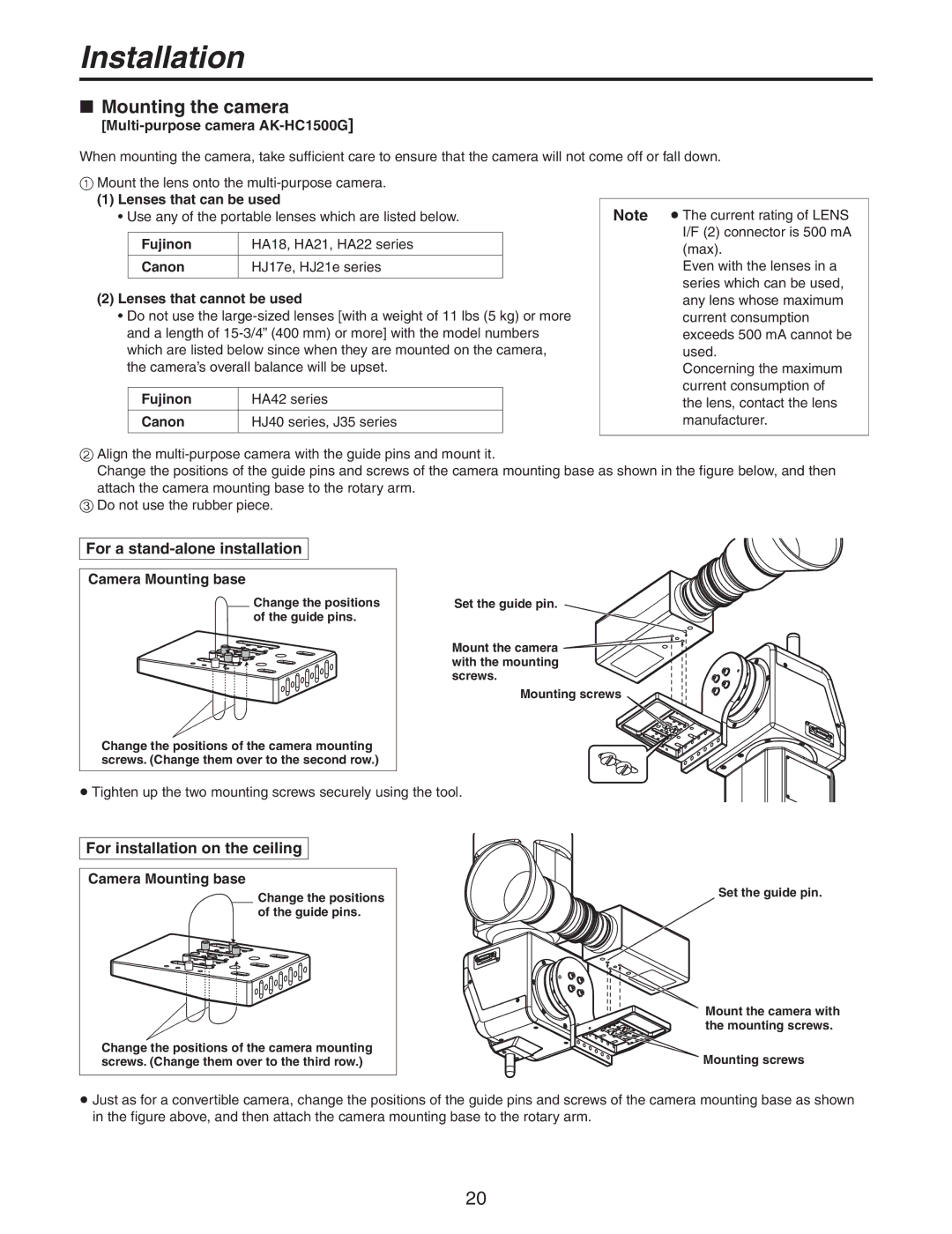 Panasonic AW-PH405N manual Multi-purpose camera AK-HC1500G, Lenses that can be used 