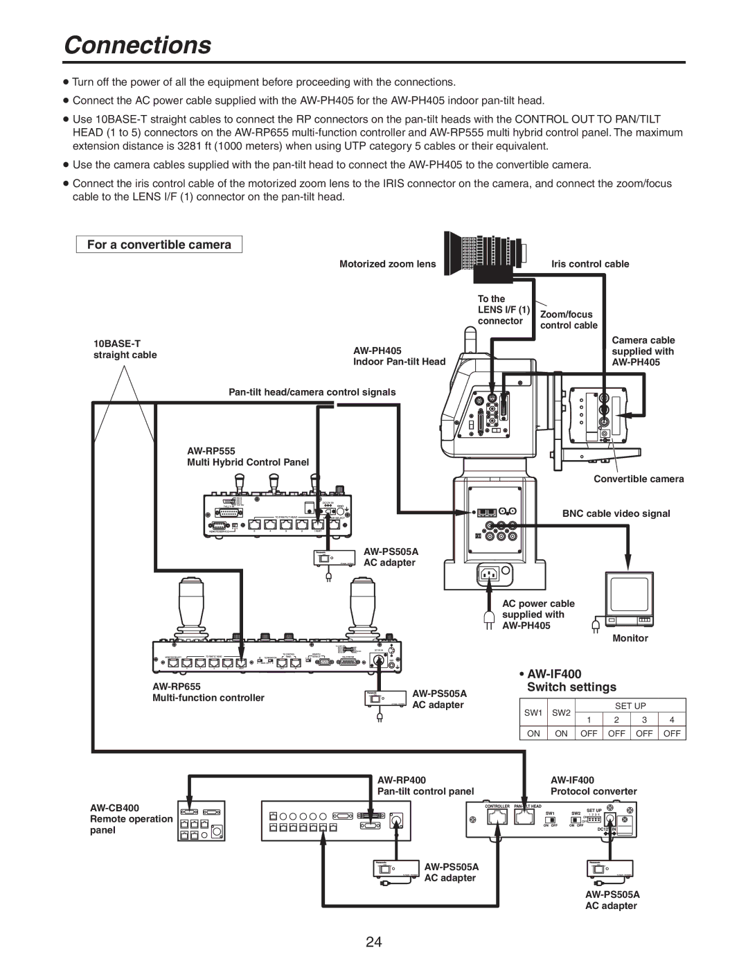 Panasonic AW-PH405N manual Connections, For a convertible camera, AW-IF400 Switch settings 