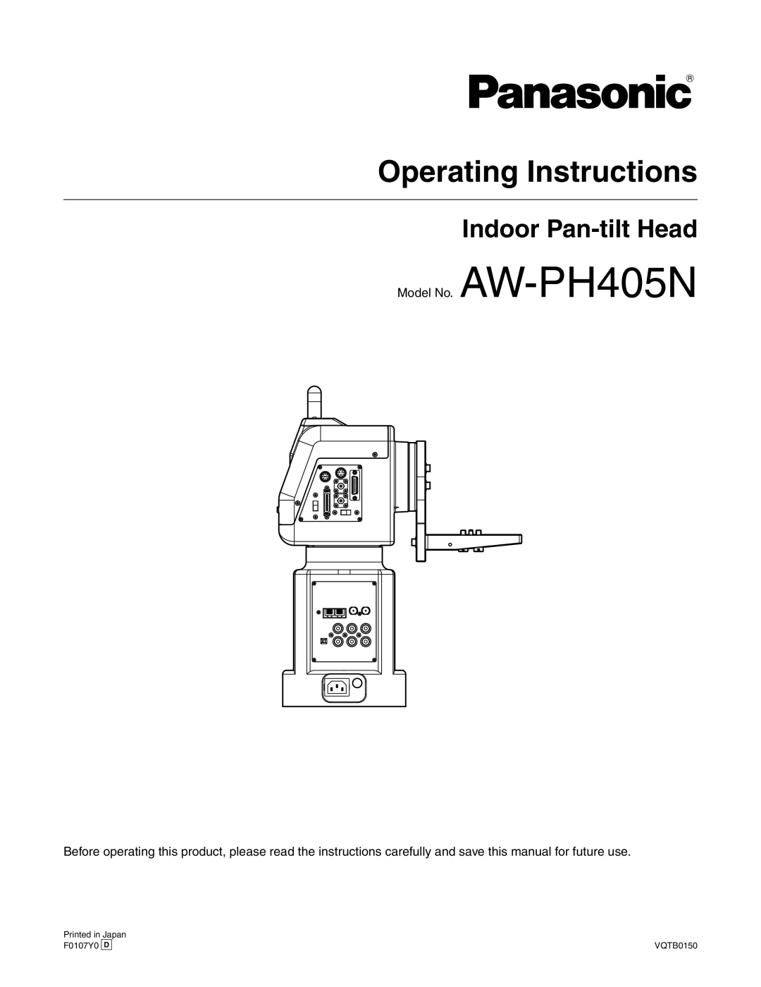 Panasonic manual Operating Instructions, Indoor Pan-tiltHead, Model No. AW-PH405N 