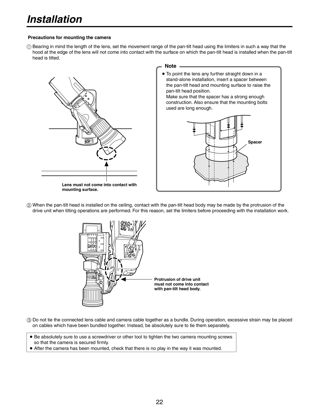Panasonic AW-PH405N manual Installation, Precautions for mounting the camera, Spacer 