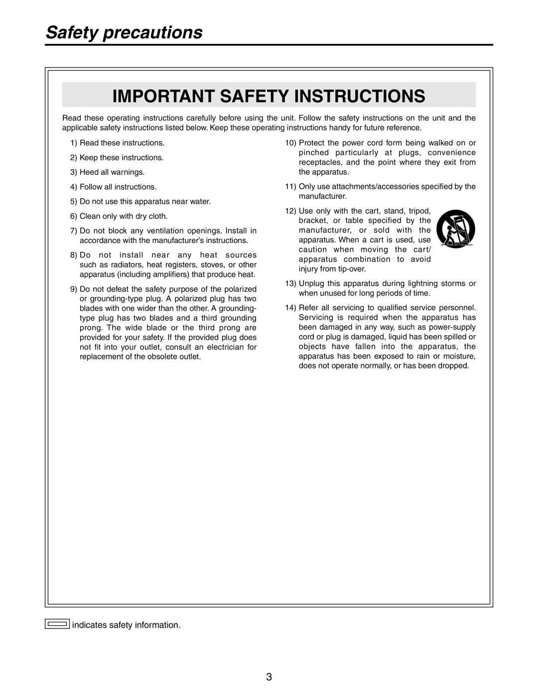 Panasonic AW-PH405N manual Important Safety Instructions, Safety precautions, indicates safety information 