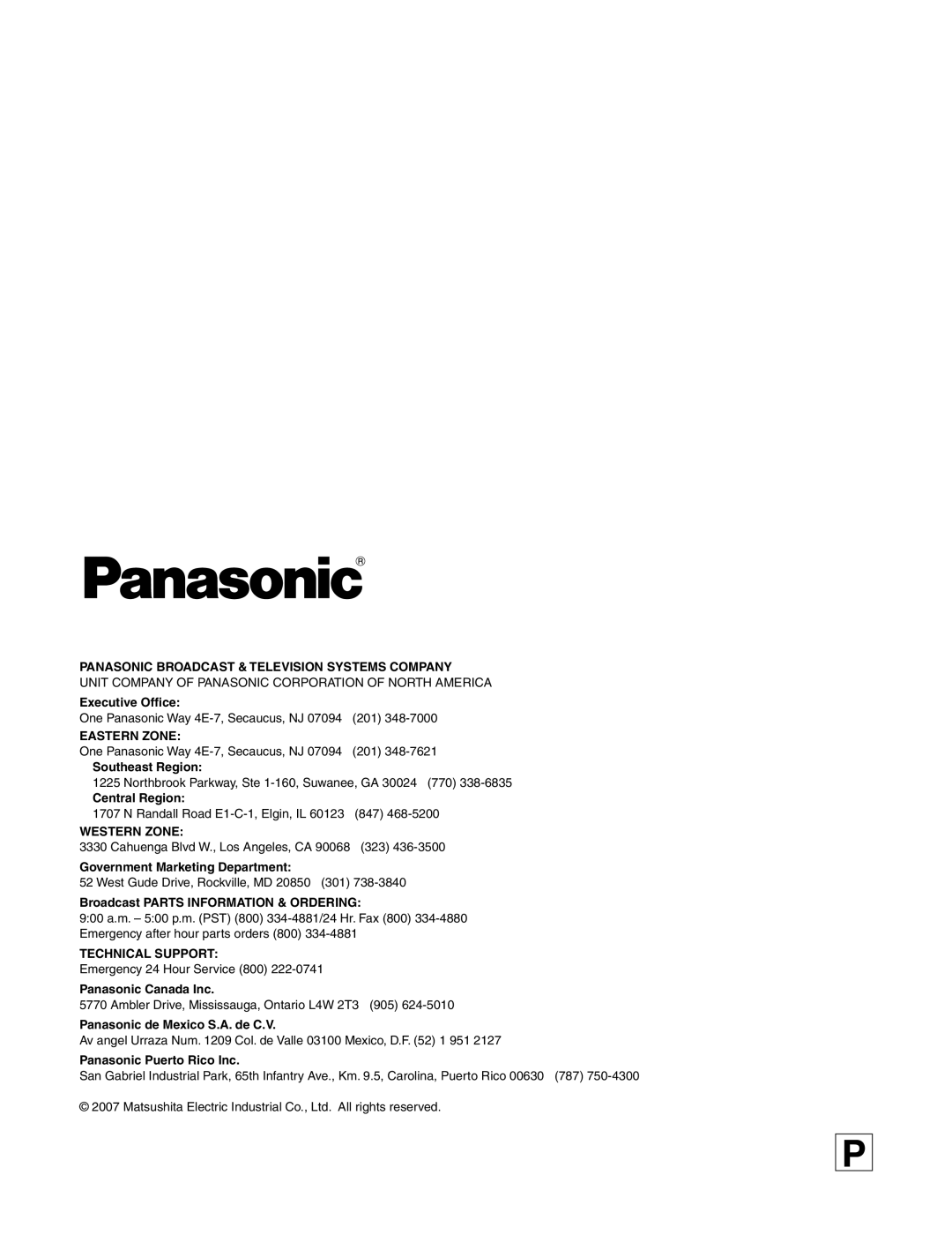 Panasonic AW-PH405N Panasonic Broadcast & Television Systems Company, Executive Office, Eastern Zone, Southeast Region 