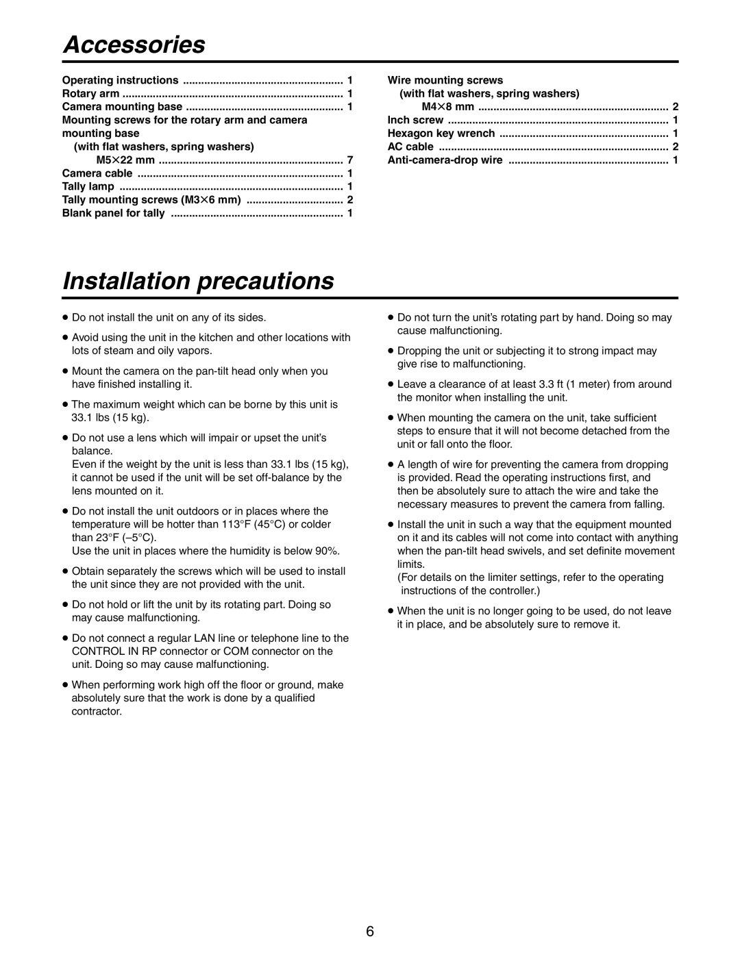 Panasonic AW-PH405N manual Accessories, Installation precautions 