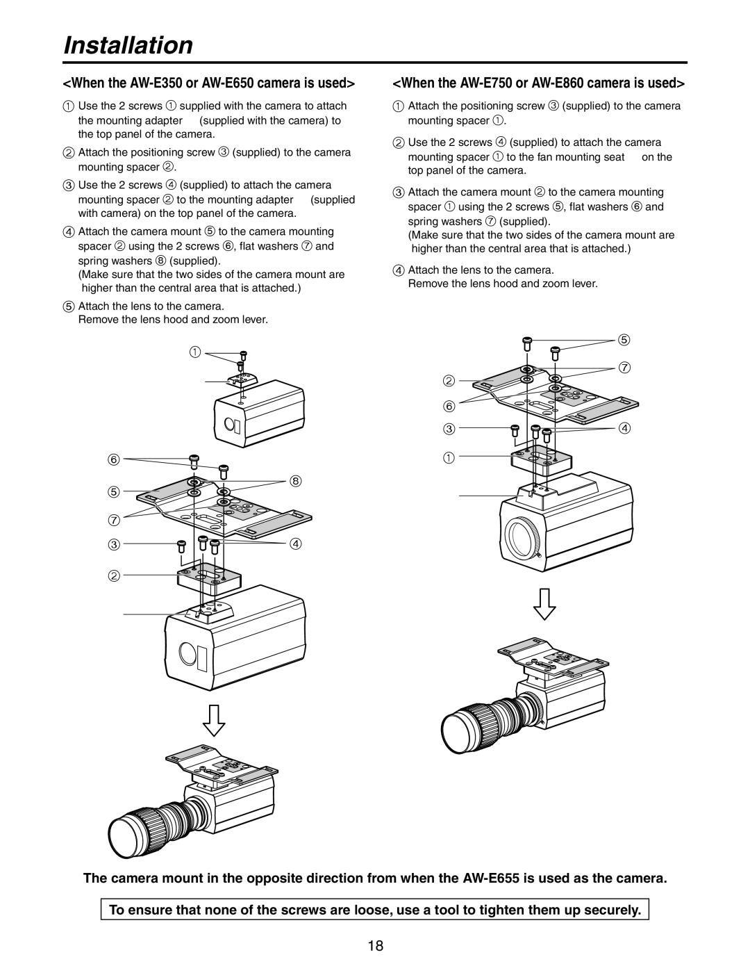 Panasonic AW-PH650N manual When the AW-E750 or AW-E860 camera is used, When the AW-E350 or AW-E650 camera is used 