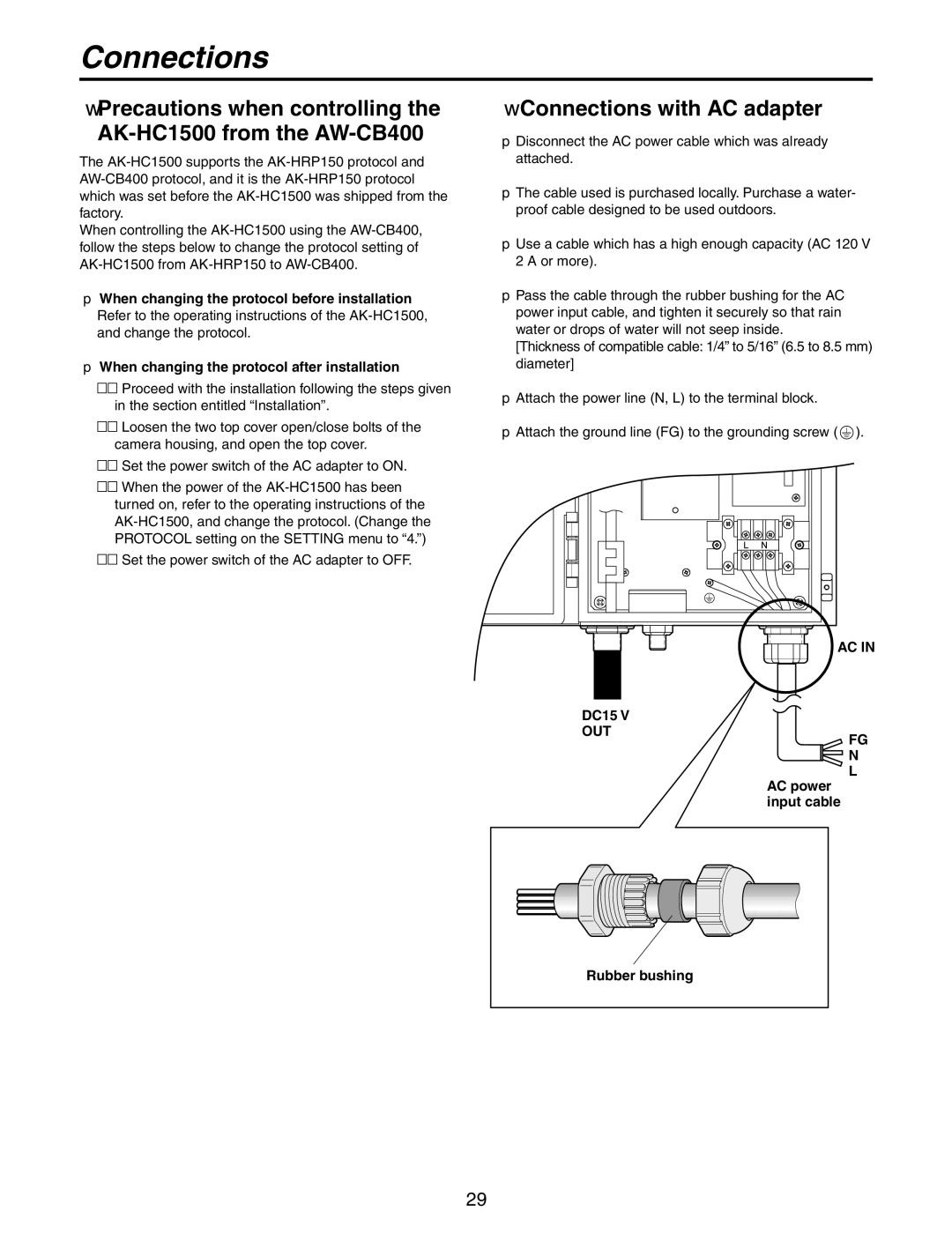 Panasonic AW-PH650N manual Precautions when controlling AK-HC1500 from the AW-CB400, Connections with AC adapter 