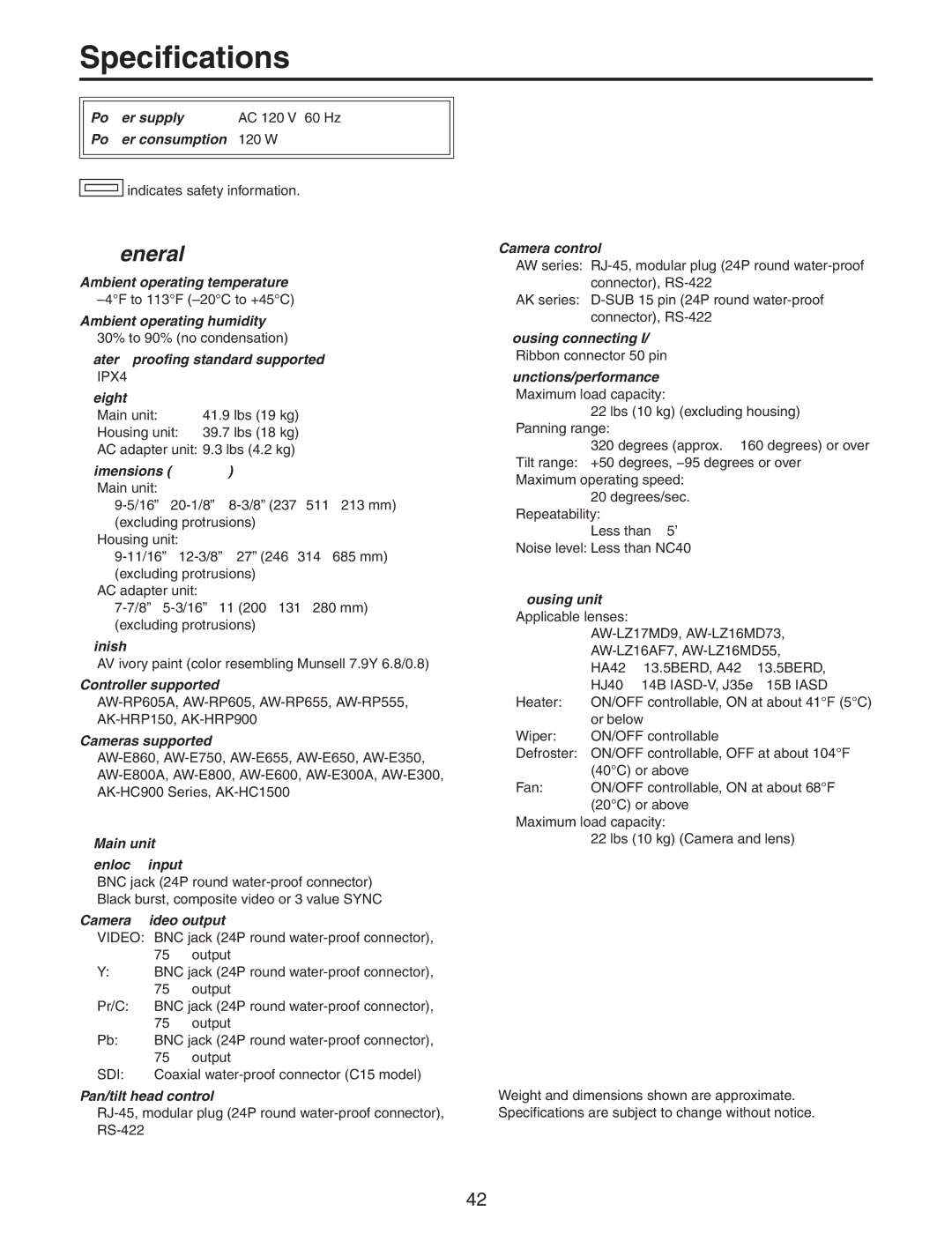 Panasonic AW-PH650N manual Specifications, General 