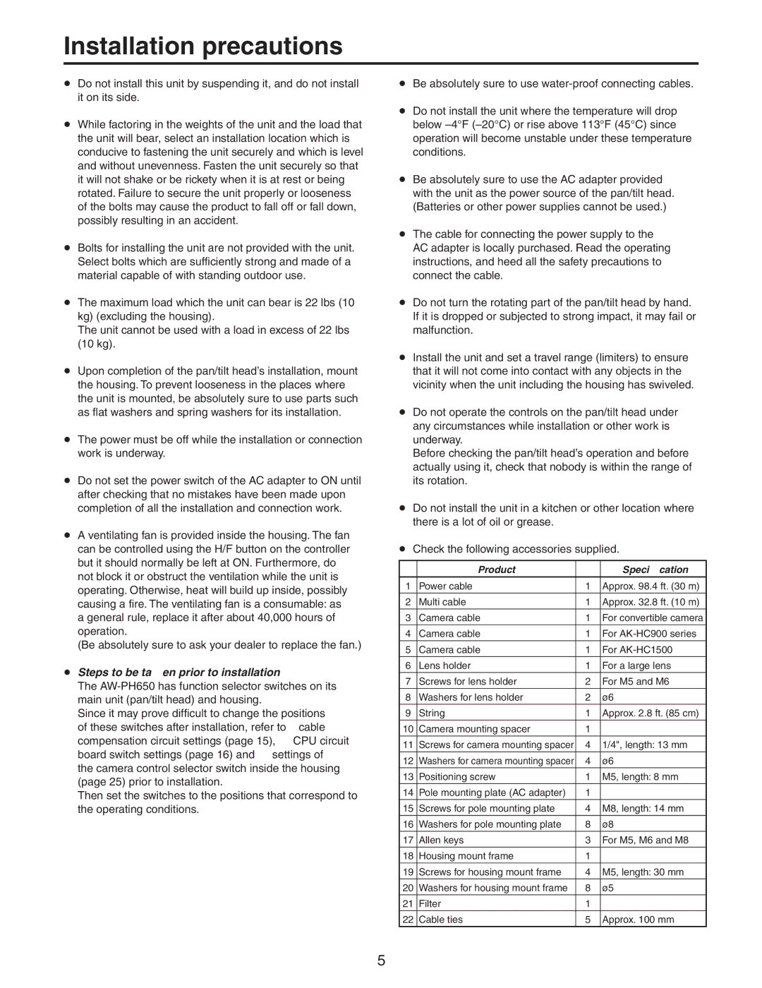 Panasonic AW-PH650N manual Installation precautions,  Steps to be taken prior to installation 