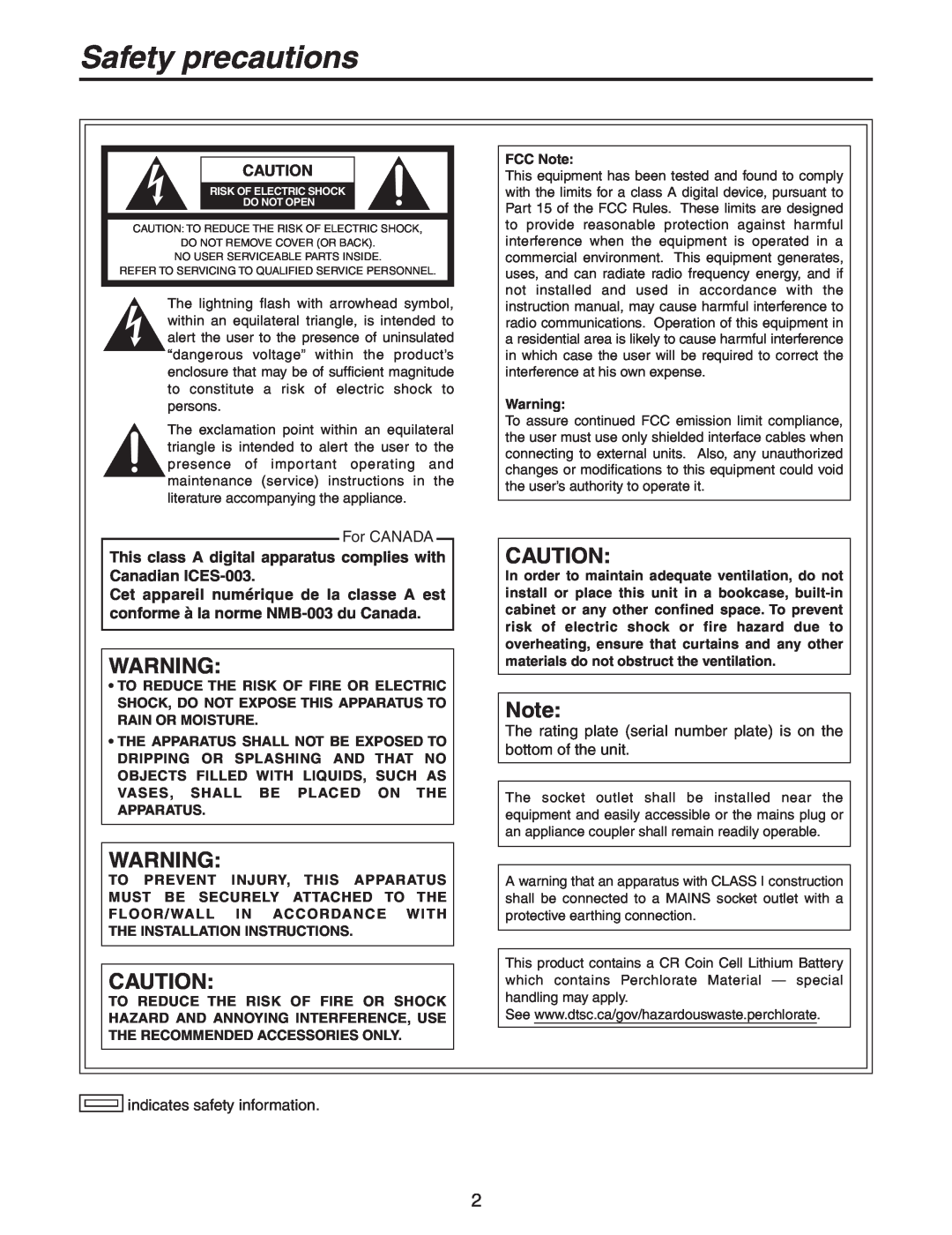 Panasonic AW-PH650N manual Safety precautions, For CANADA, This class A digital apparatus complies with Canadian ICES-003 
