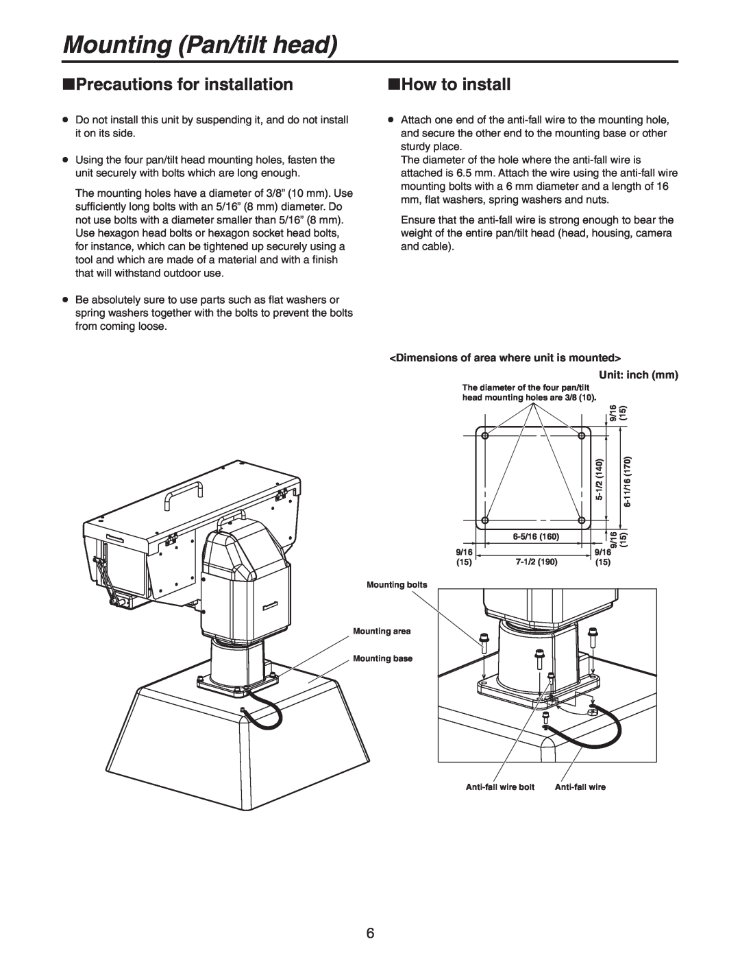 Panasonic AW-PH650N manual Mounting Pan/tilt head, Precautions for installation, How to install 