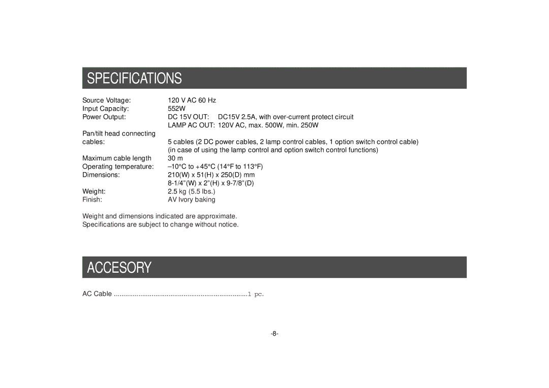 Panasonic AW-PS300 manual Specifications, Accesory 