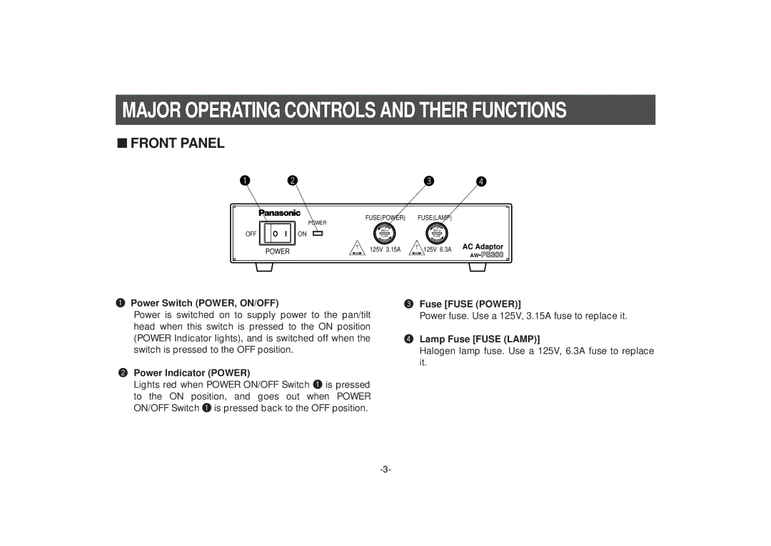 Panasonic AW-PS300 manual Major Operating Controls and Their Functions, Power Switch POWER, ON/OFF, Power Indicator Power 