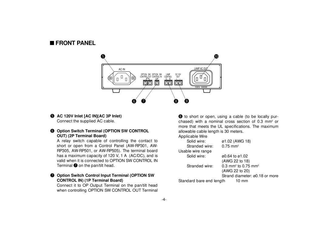 Panasonic AW-PS300 manual Standard bare end length 10 mm 