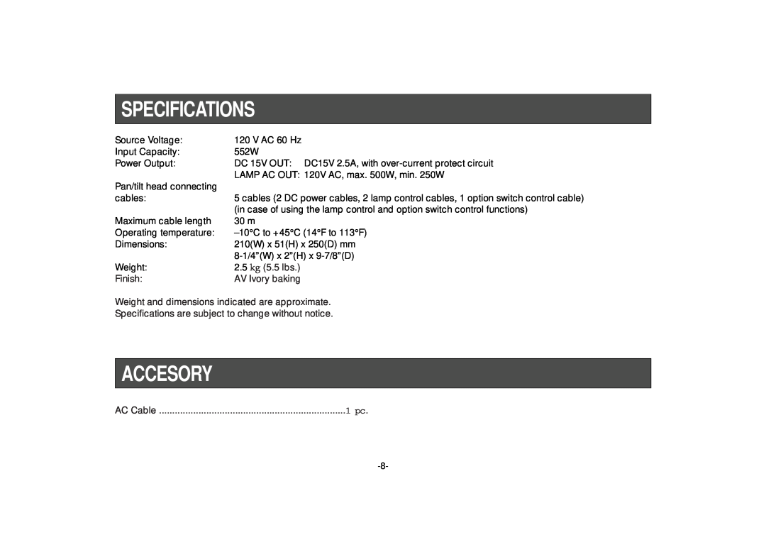 Panasonic AW-PS300 manual Specifications, Accesory 