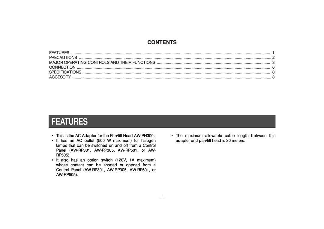 Panasonic AW-PS300 manual Features, Contents 