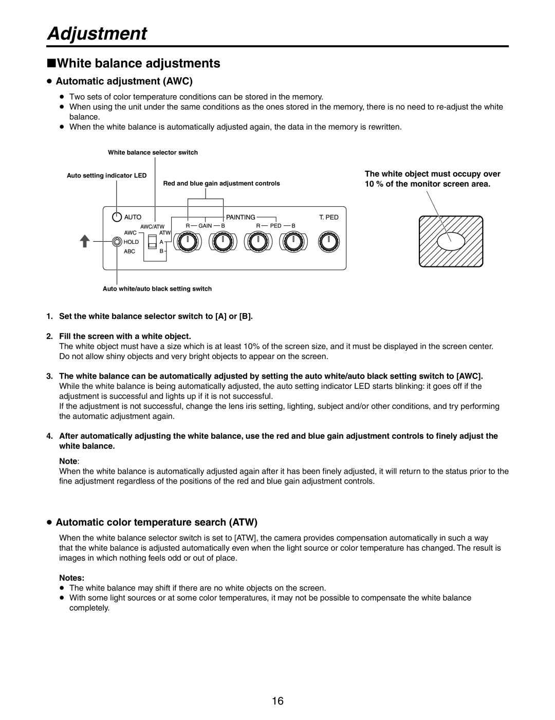 Panasonic AW-RC600P manual White balance adjustments,  Automatic adjustment AWC,  Automatic color temperature search ATW 