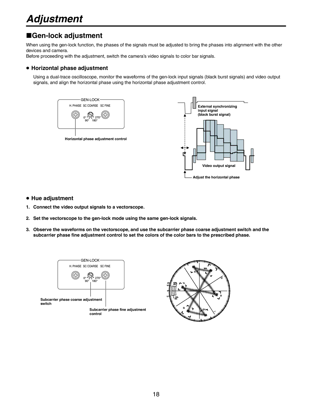 Panasonic AW-RC600P manual Gen-lock adjustment,  Horizontal phase adjustment,  Hue adjustment 