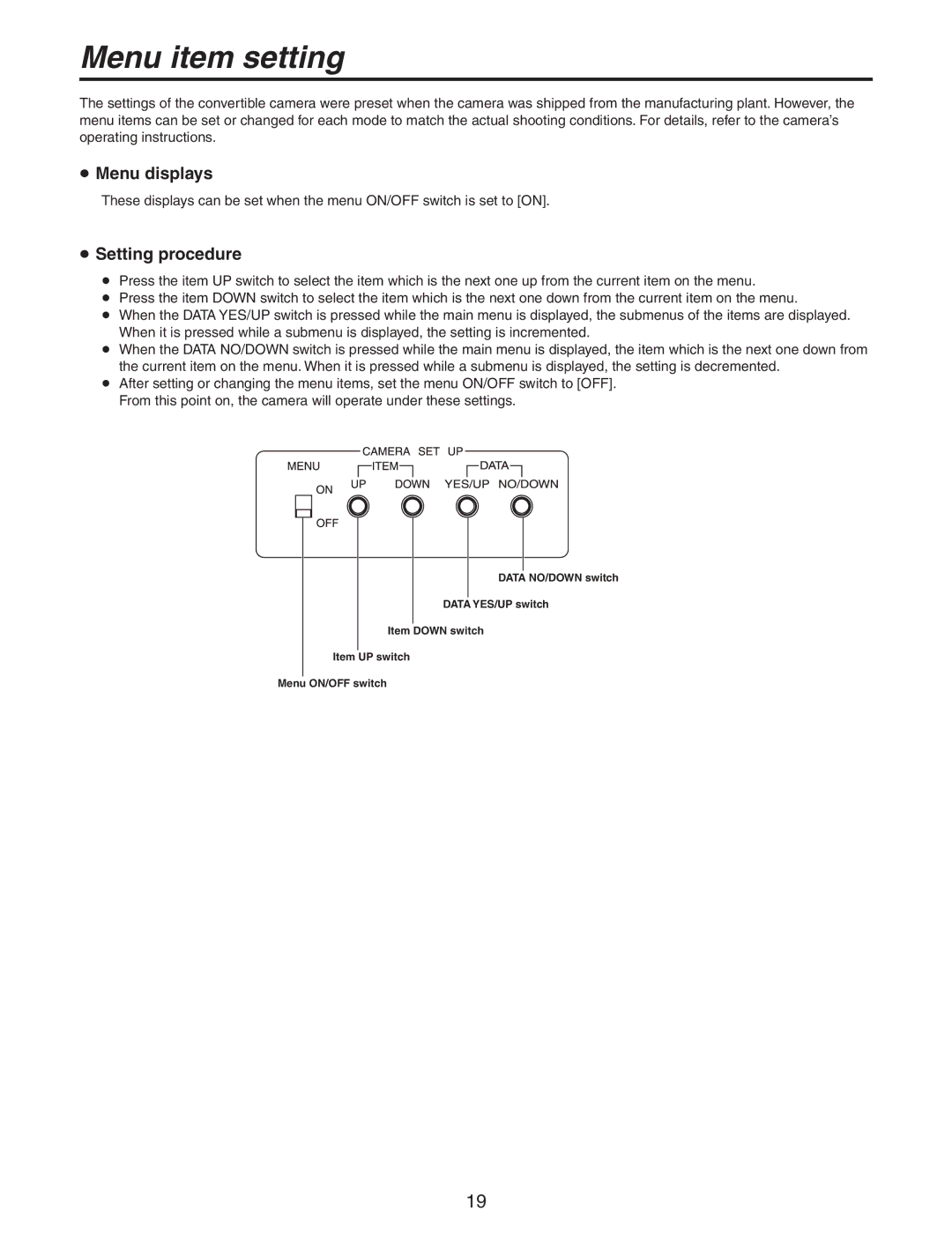 Panasonic AW-RC600P manual Menu item setting,  Menu displays,  Setting procedure 