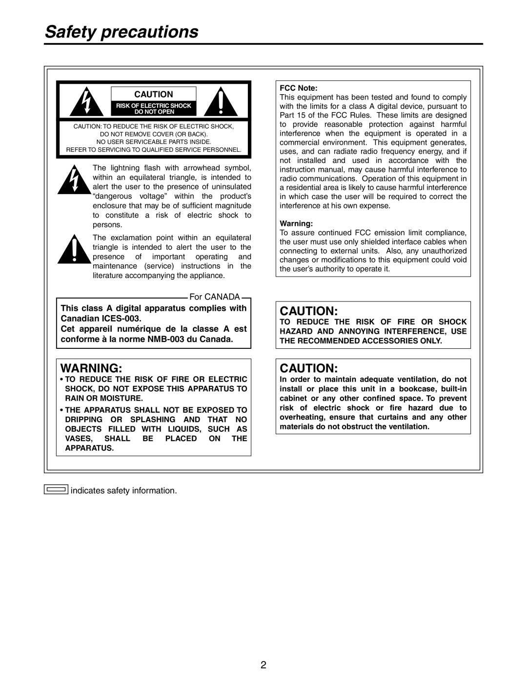 Panasonic AW-RC600P manual Safety precautions, FCC Note 