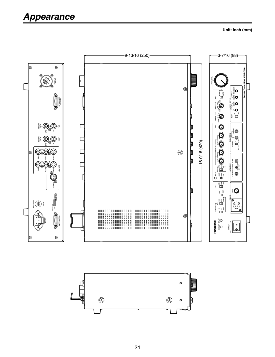 Panasonic AW-RC600P manual Appearance, Unit inch mm 