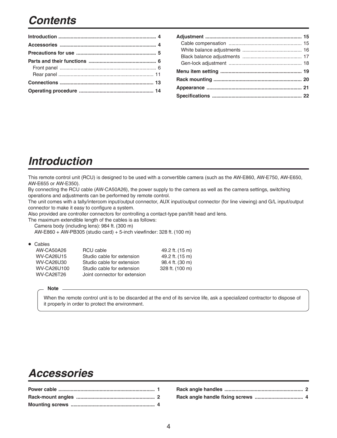 Panasonic AW-RC600P manual Contents, Introduction, Accessories 